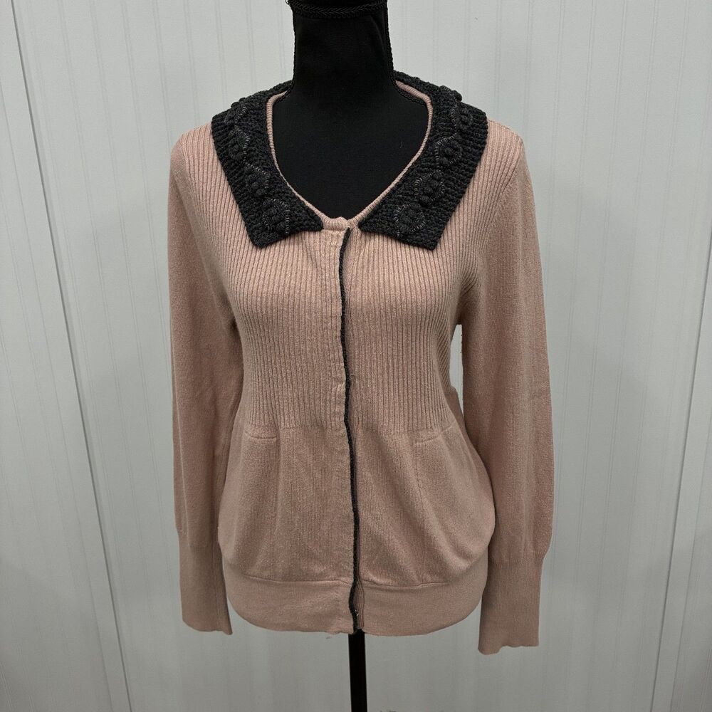 Anthropologie Field Flower Pink Beaded Collar Cardigan Sweater Womens Large Wool